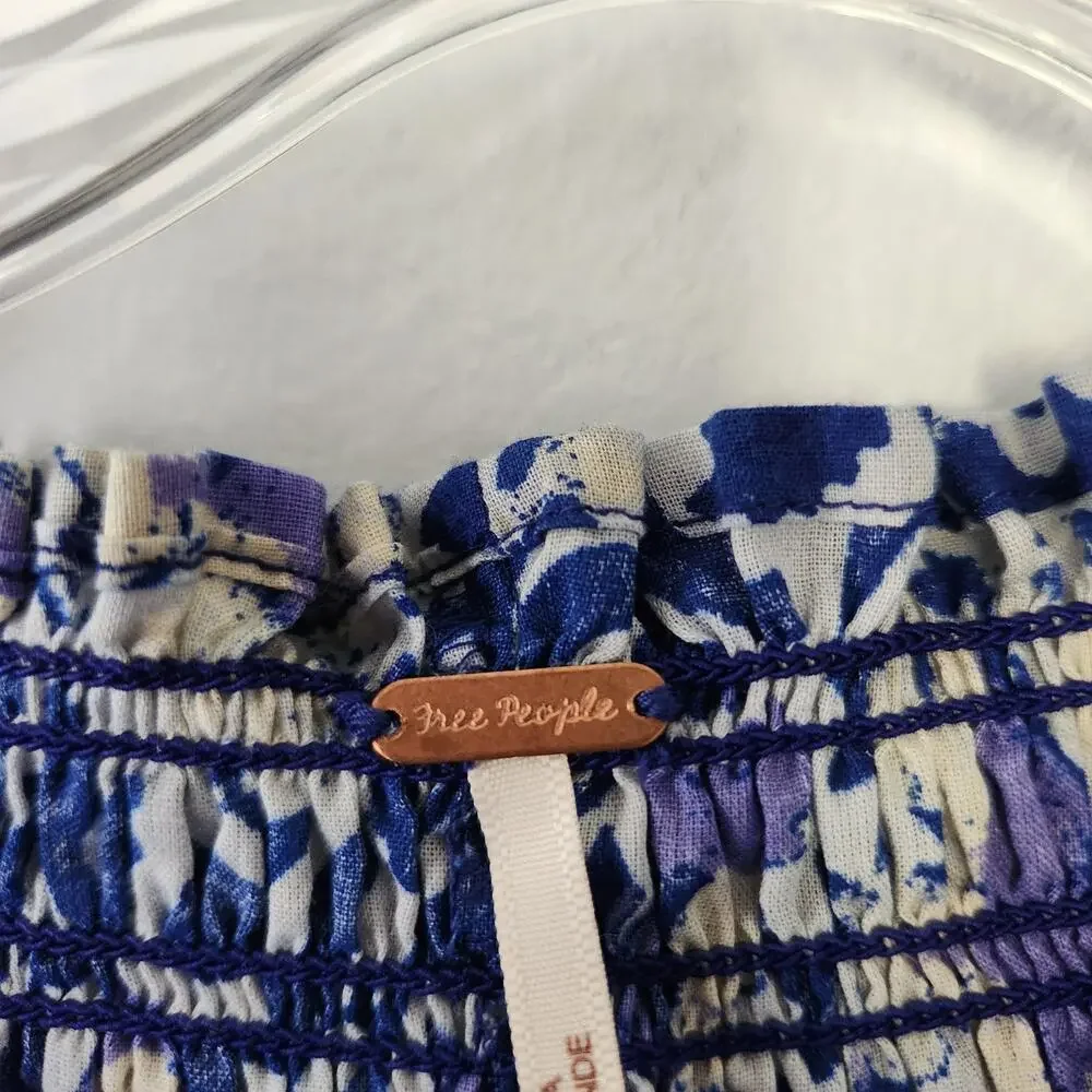 Free People Top Women's XS Blue Willow Printed Smocked Puff Sleeve Tie Babydoll